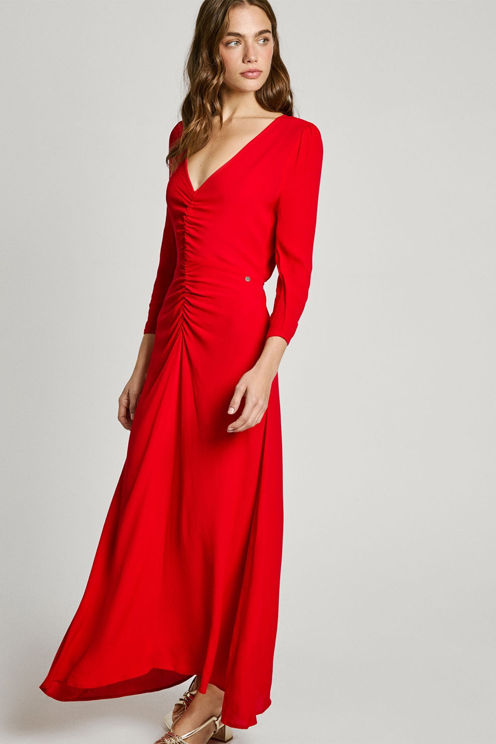 Pepe Jeans London, Rochie maxi evazata cu maneci 3/4, Rosu vermillion, S