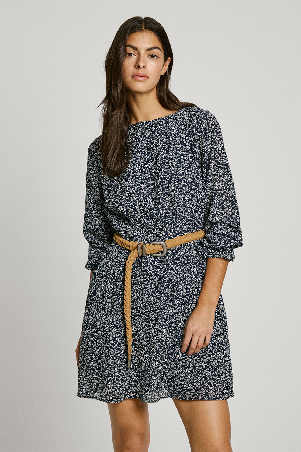 Pepe Jeans London, Rochie lejera cu model floral, Alb murdar, Bleumarin, S