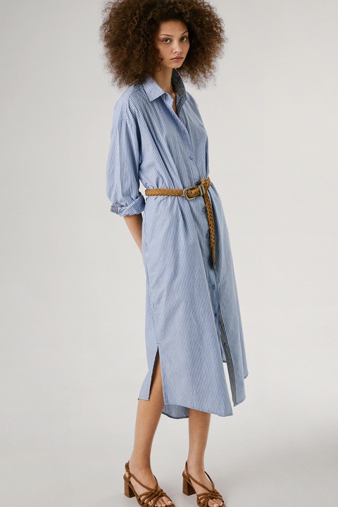 Pepe Jeans London, Раирана миди рокля-риза, Бял/Лавандула