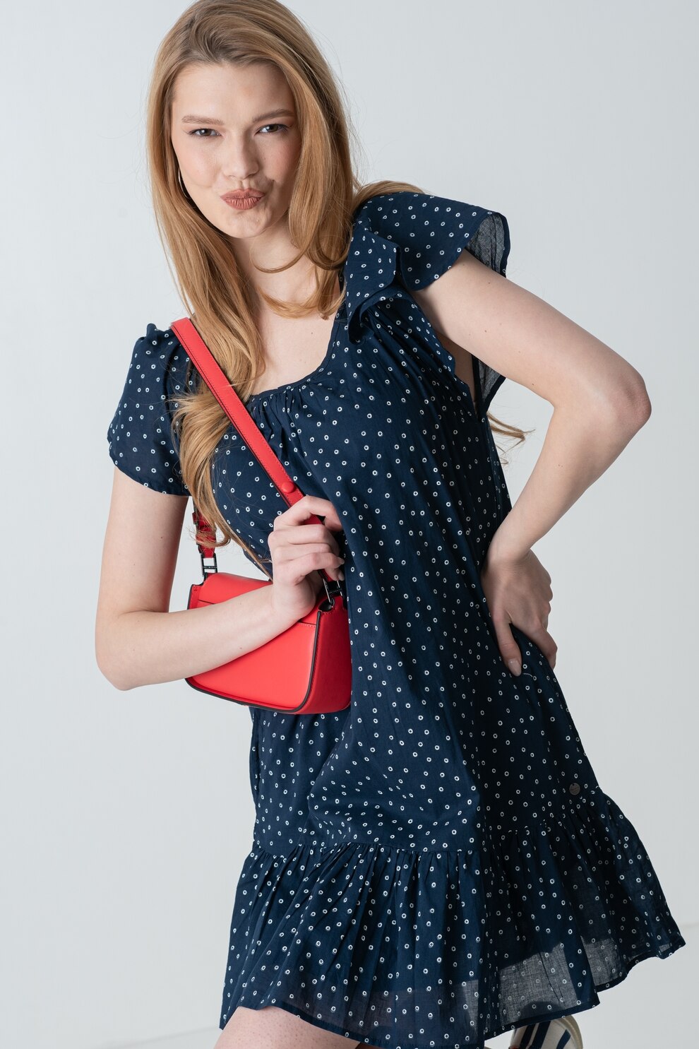 Pepe Jeans London, Rochie scurta cu buline, Bleumarin, S