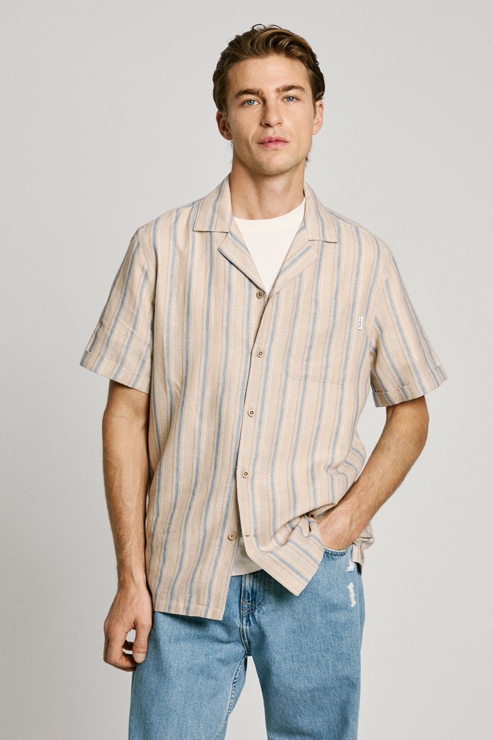 Pepe Jeans London, Camasa cu imprimeu si maneci scurte, Maro nisip, Albastru deschis, L