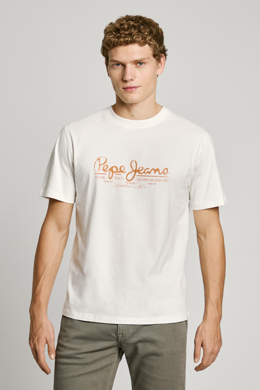 Pepe Jeans London, Tricou cu decolteu la baza gatului si imprimeu logo, Portocaliu stins, Alb murdar, M