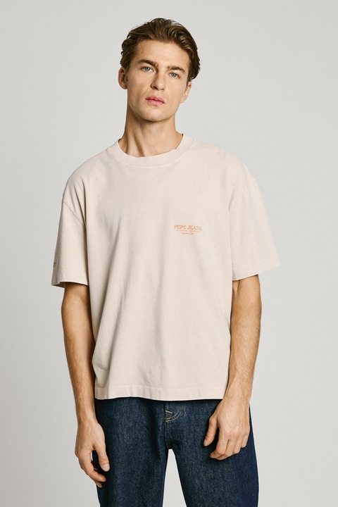 Pepe Jeans London, Tricou de bumbac cu imprimeu pe spate, Bej/Portocaliu stins
