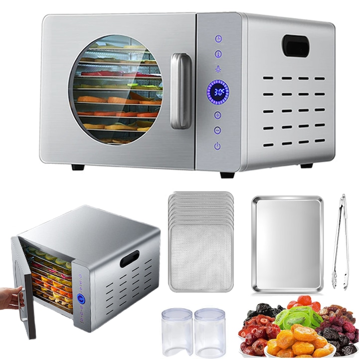 Deshidrator Alimente cu 8 Tavi, 1000W, Carcasa si Tavi Inox, Termostat 30-90°C, Timer 24 ore, Inox