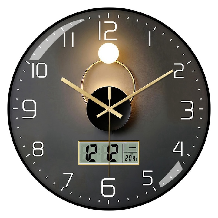 Ceas de perete decorativ electronic, afisaj LCD, cuart, 14”, data/temperatura, miscare silentioasa, negru