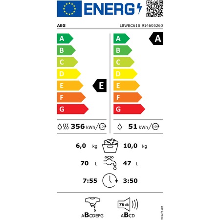 Masina de spalat rufe cu uscator AEG L8WBC61S, Spalare 10 kg, Uscare 6 kg, 1550 rpm, Clasa E, ProSense, Motor Inverter, AquaControl, Alb
