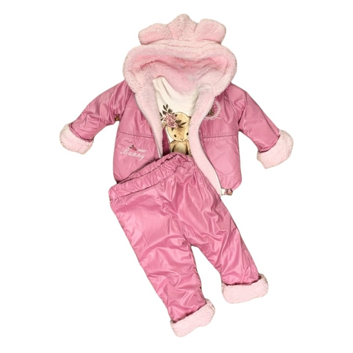 Costum de iarna BABY imblanit din fas cu Gecuta cu gluga, Pantaloni si Bluzita pentru bebelusi/baietei, ERAKIDS, broderie "Cute Bear", bumbac si poliester, Roz