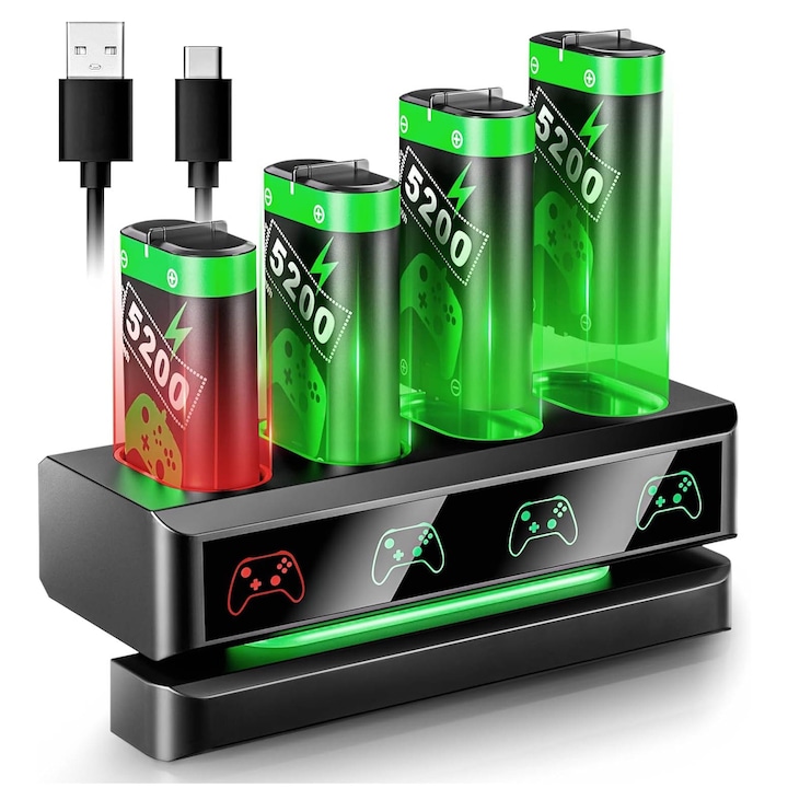 4 db újratölthető akkumulátor készlet Xboxhoz, 4x5200mWh, 30 órás autonómia és túlmelegedés elleni védelem, kompatibilis X/S/One/Elite sorozat, OUYLAF, fekete/zöld