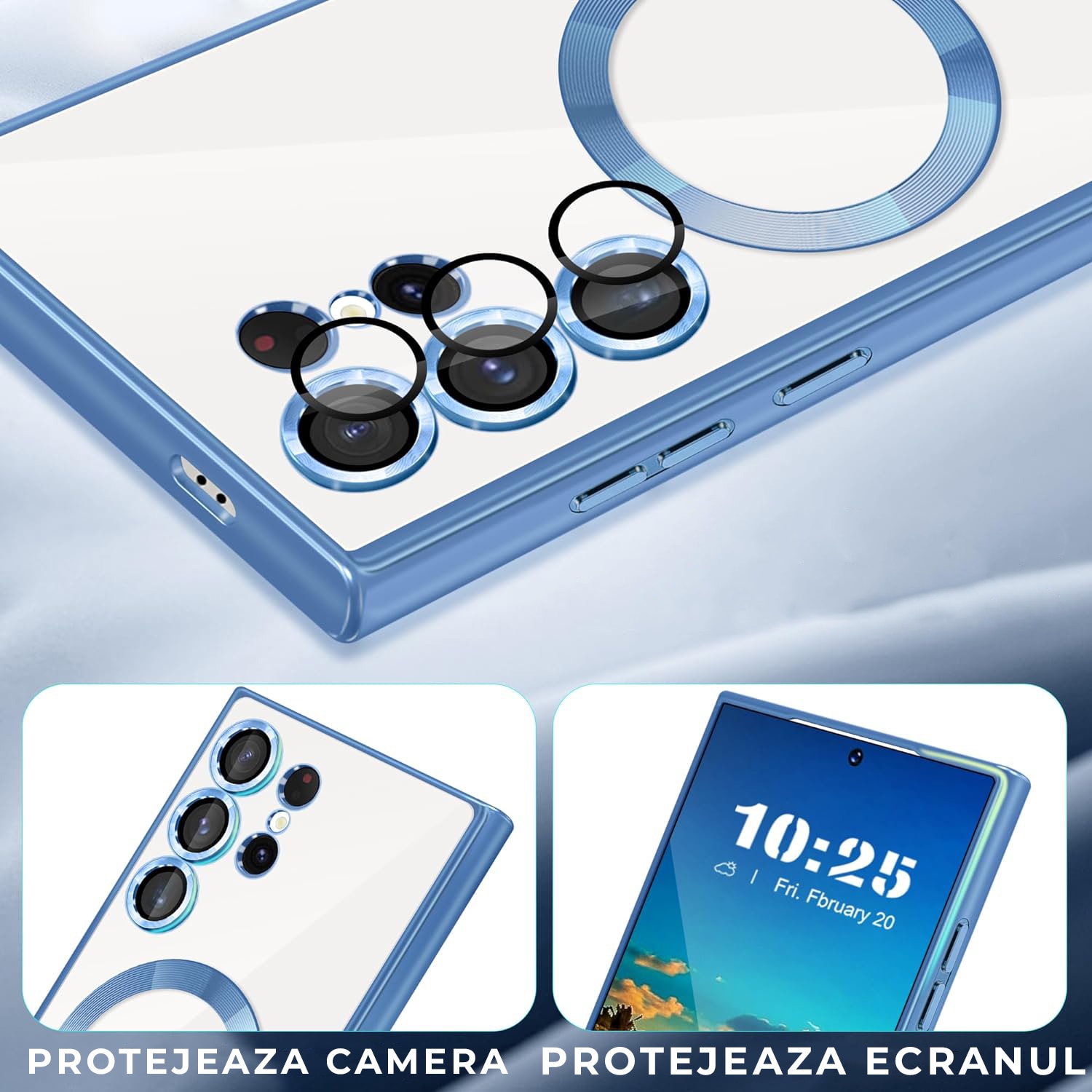 Husa pentru Samsung Galaxy S25 Ultra DaDen® MagSafe Luxury compatibil cu protectie camera, Ultra Protectie, Transparent cu margini mov