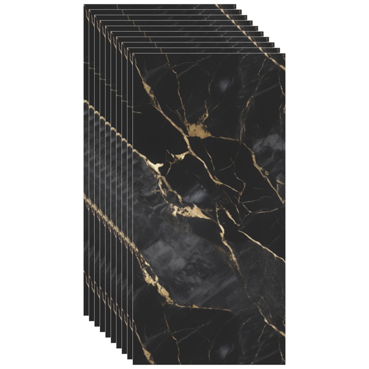 Set 10 Placi de tapet SDEPOT®, grosime 2mm, dimensiuni 30x60cm, imitatie de marmura, model negru cu auriu
