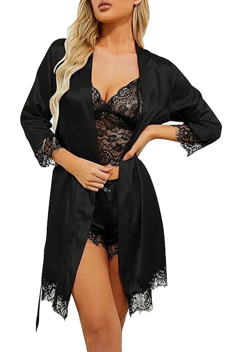 4 darabos női pizsama szett, Hggzeg, Szexi csipkés pizsama szett, Tank toppal és rövidnadrággal, V-nyakú, Lélegző, Puha és kényelmes, Szerepjátékhoz, pizsamapartira, menyasszonyi partira, Poliészter, Fekete