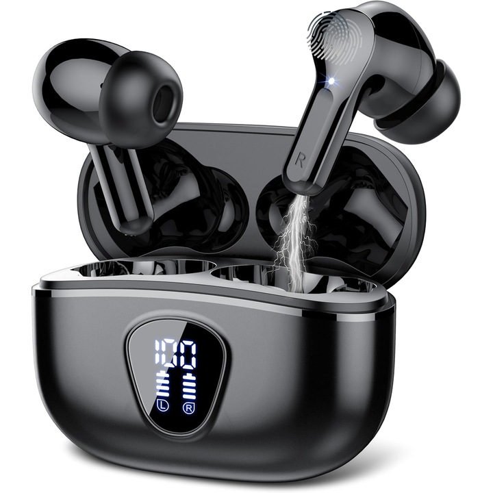 Casti Wireless Audio fara Fir RUNEX Urban CX10, Bluetooth 5.3, Microfon ENC, Afisaj LED, Control Tactil, Autonomie 30h, Tip Incarcare Type-C, Carcasa Magnetica, 400mAh, Rezistenta la Apa IPX5, Negru