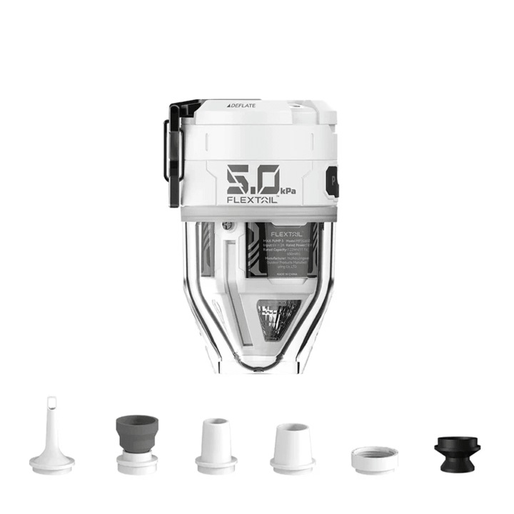 Max Pump 3 újratölthető légszivattyú 2 az 1-ben, kempingezéshez/hegyi/túrázáshoz/otthoni alkalmazásokhoz, nyomás 5 kPa, nagy légáramlás 500L/perc, integrált LED-es lámpa, 5000 méteres magasságig ellenálló, 6 fúvóka, akkumulátor 7215 Wh, 75 dB, 122g, fehér