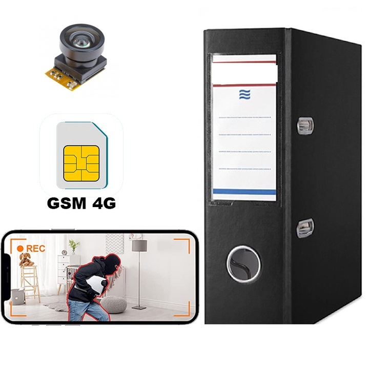 Biblioraft cu Camera Video si Microfon Spion HD GSM 4G/5G - Transmisie in Timp Real prin Internet Folosind Cartela SIM - Nu Necesita Router Wi-Fi - Senzor de Miscare - Aplicatie iOS/Android