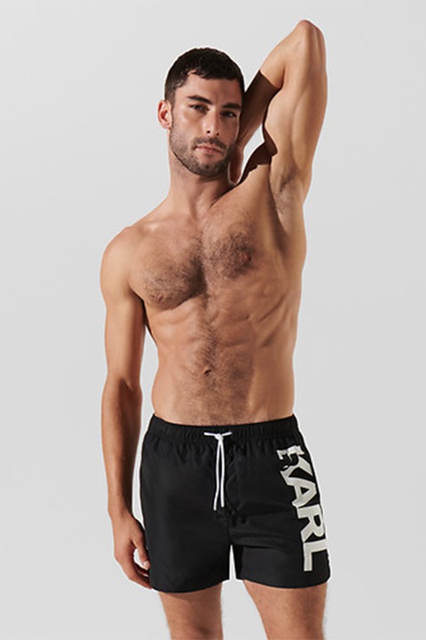 Karl Lagerfeld, Pantaloni scurti de baie cu logo supradimensionat, Alb/Negru