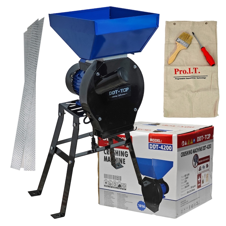 Moara electrica cu suport din metal pentru cereale si stiuleti, DDT-TOP, Cuva Mare, motor 4.2 kw, 3000 rpm, 320 kg/h, 4 site de rezerva, 20 ciocanele, bonus sac, surubelnita si perie