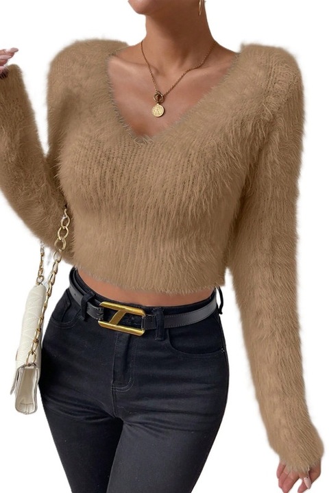 Pulover Dama, Decolteu In V Si Croiala Scurta, Moale Si Pufos, Kaki