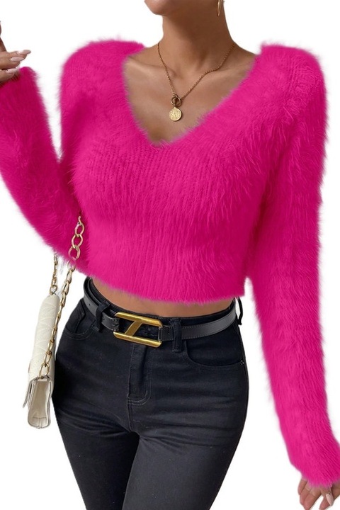 Pulover Dama, Decolteu In V Si Croiala Scurta, Moale Si Pufos, Roz bombon