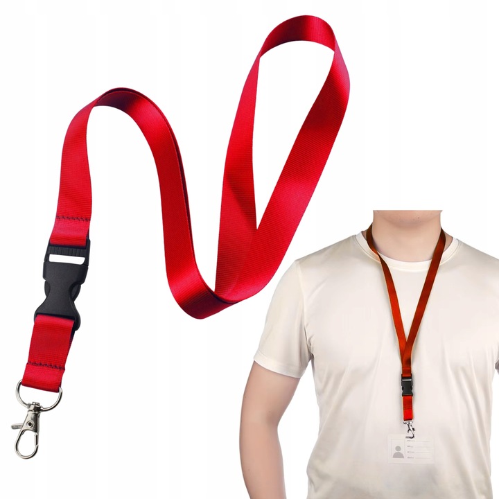 Lanyard Pentru Chei, Ecuson, 54x2 cm, Rosu, Material Rezistent, Carabina Metalica, Clema Speciala, Decuplare Din Plastic/Textil, Snur Ecoson Legitimatie