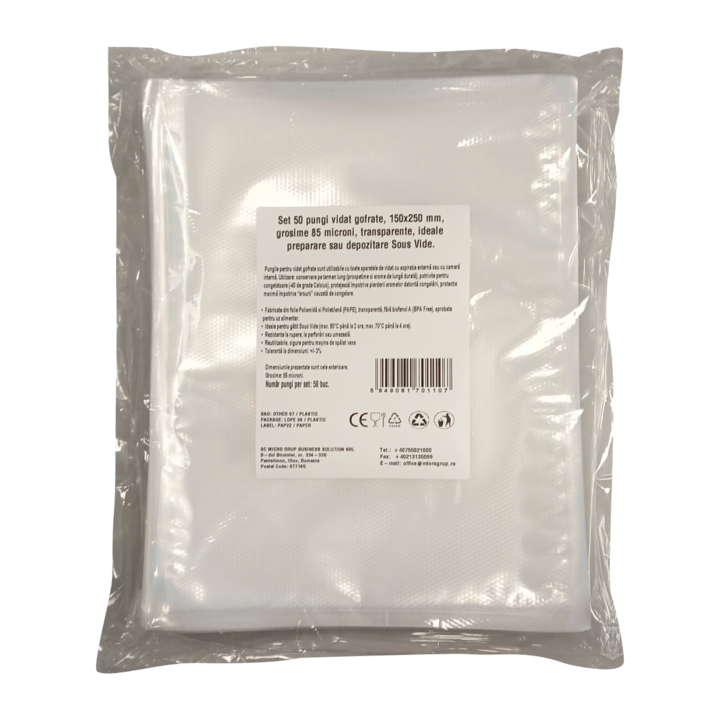 Pungi vidat gofrate, 150x250 mm, grosime 85 microni, transparente, ideale preparare sau depozitare Sous Vide, set 50 bucati