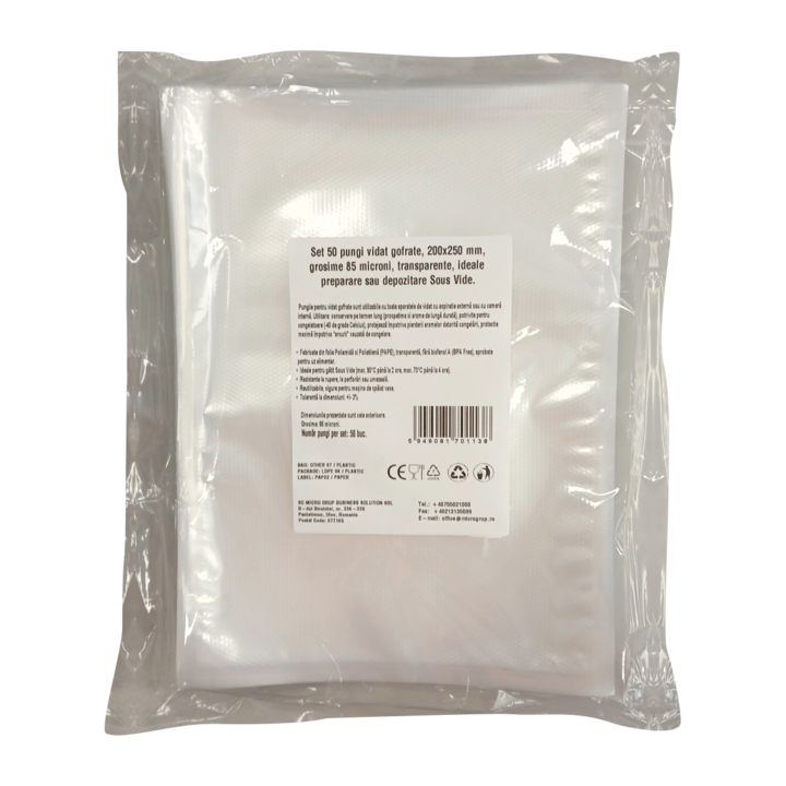 Pungi vidat gofrate, 200x250 mm, grosime 85 microni, transparente, ideale preparare sau depozitare Sous Vide, set 50 bucati