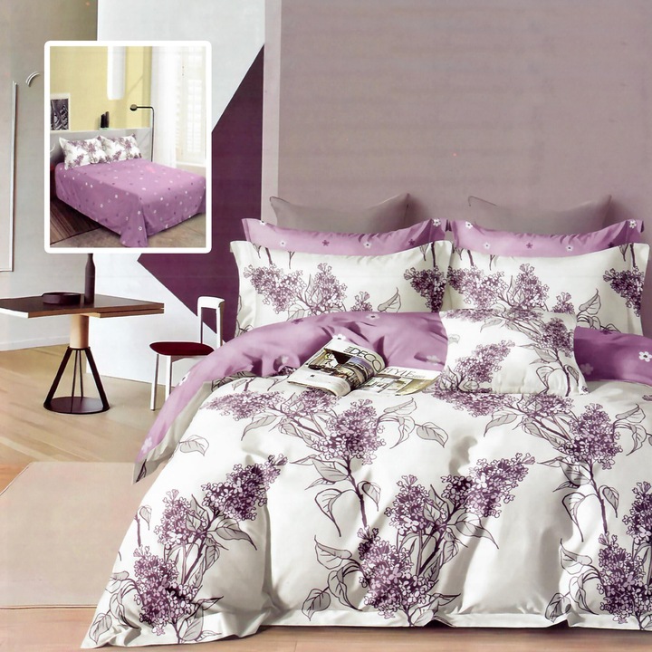 Двойно спално бельо Finet Gros Cotton 6 части NufJoy® чаршаф 220x240 см, чаршаф за завивка 200x220 см, 2 калъфки за възглавници 70x70 см, 2 калъфки за възглавници 50x70 см M487 Люляк