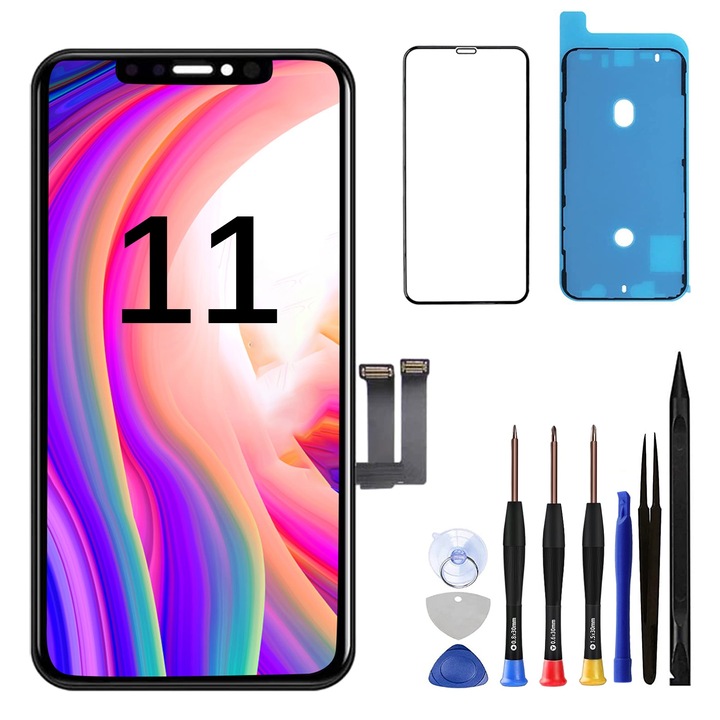 Ecran de inlocuire pentru iPhone 11, lassajess, LCD, protectie din sticla, set unelte de reparare