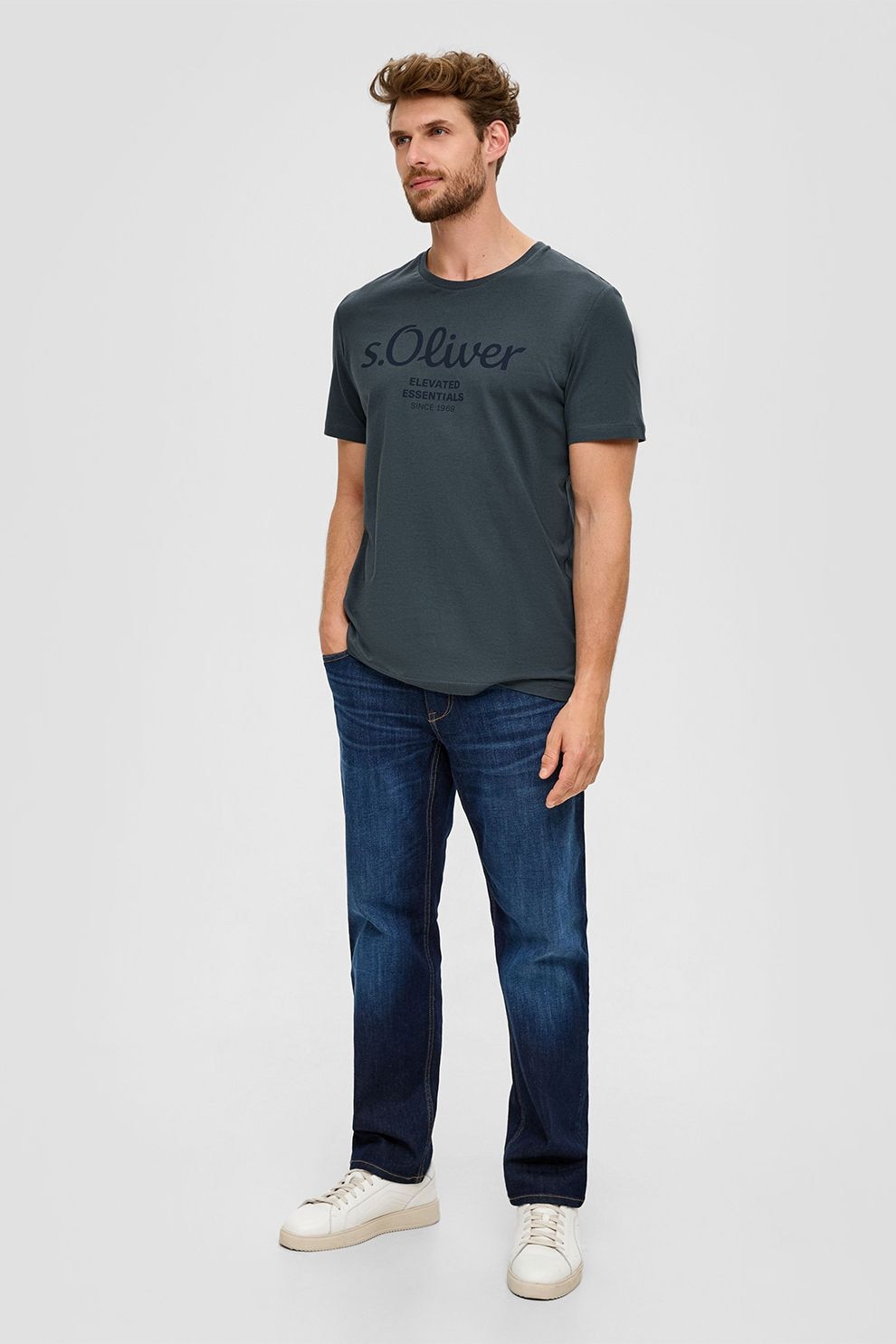 s.Oliver, Tricou de bumbac cu imprimeu logo, Gri antracit, M