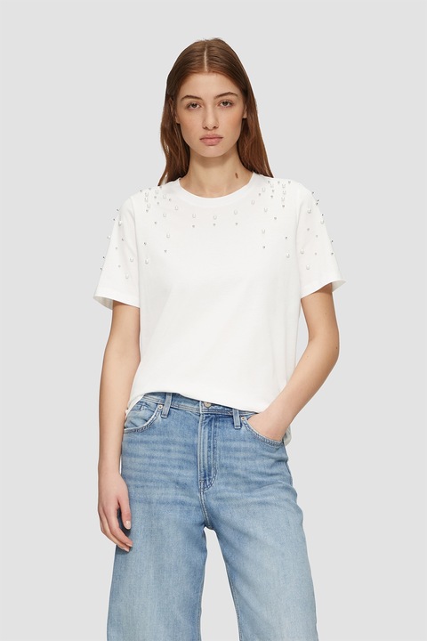 s.Oliver, Tricou cu decolteu la baza gatului si aplicatii cu margele, Alb/Argintiu, XS