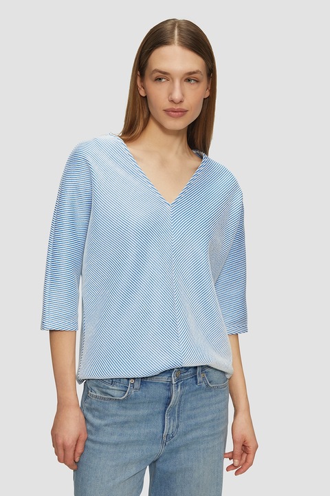 s.Oliver, Bluza cu decolteu in V si model cu dungi, Alb/Albastru lavanda, XS