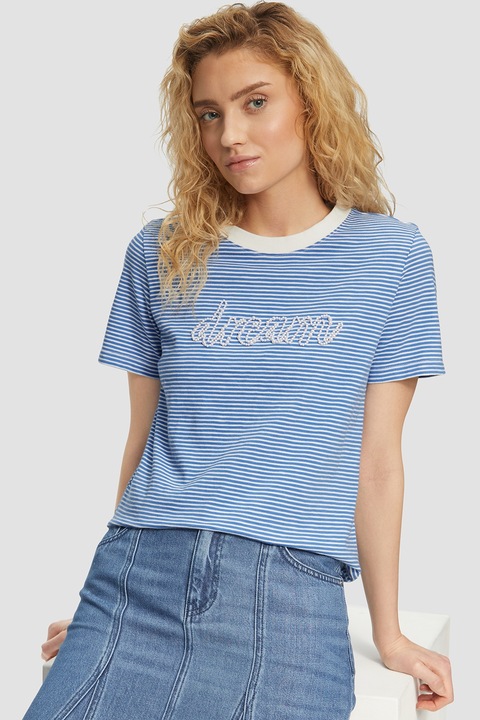 s.Oliver, Tricou cu model in dungi si perle, Alb/Albastru deschis