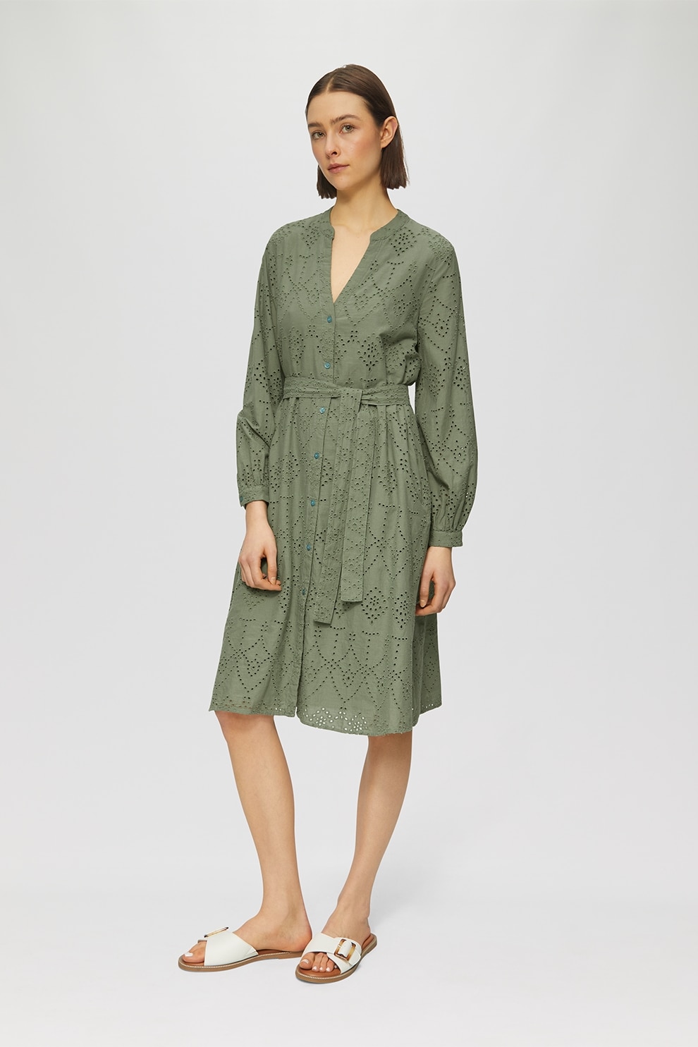 s.Oliver, Rochie midi cu model uni si cordon in talie, Verde spranghel, 38