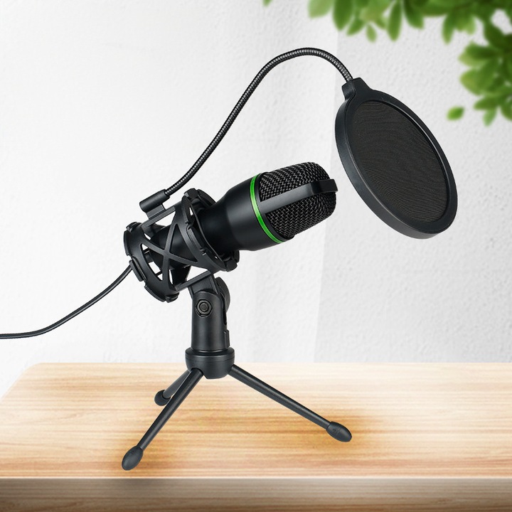 Microfon pentru computer, -36d extrem de sensibil, directionare cardioida, mut cu o singura atingere, monitorizare in timp real, calitate clara a sunetului, rotativ 120°, negru