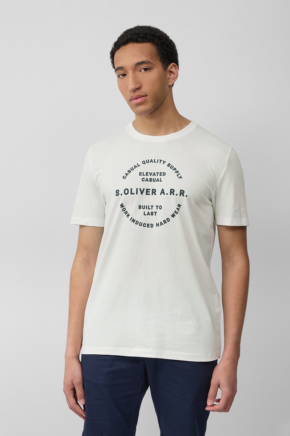 s.Oliver, Tricou cu decolteu la baza gatului si imprimeu text, Alb murdar, L