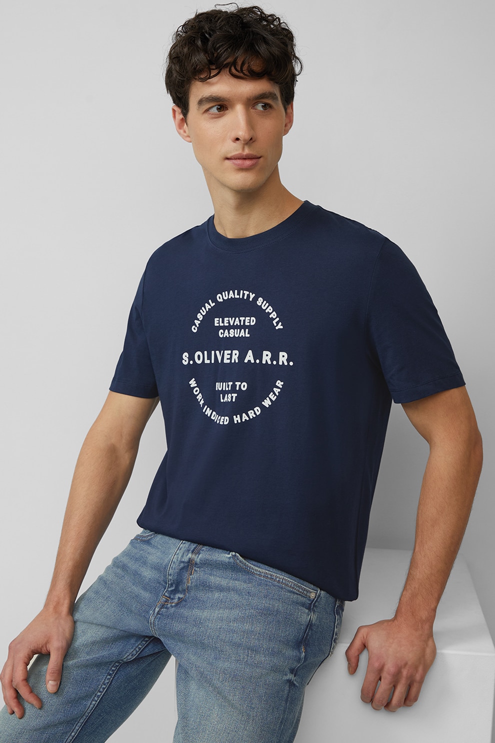 s.Oliver, Tricou cu decolteu la baza gatului si imprimeu text, Bleumarin, L