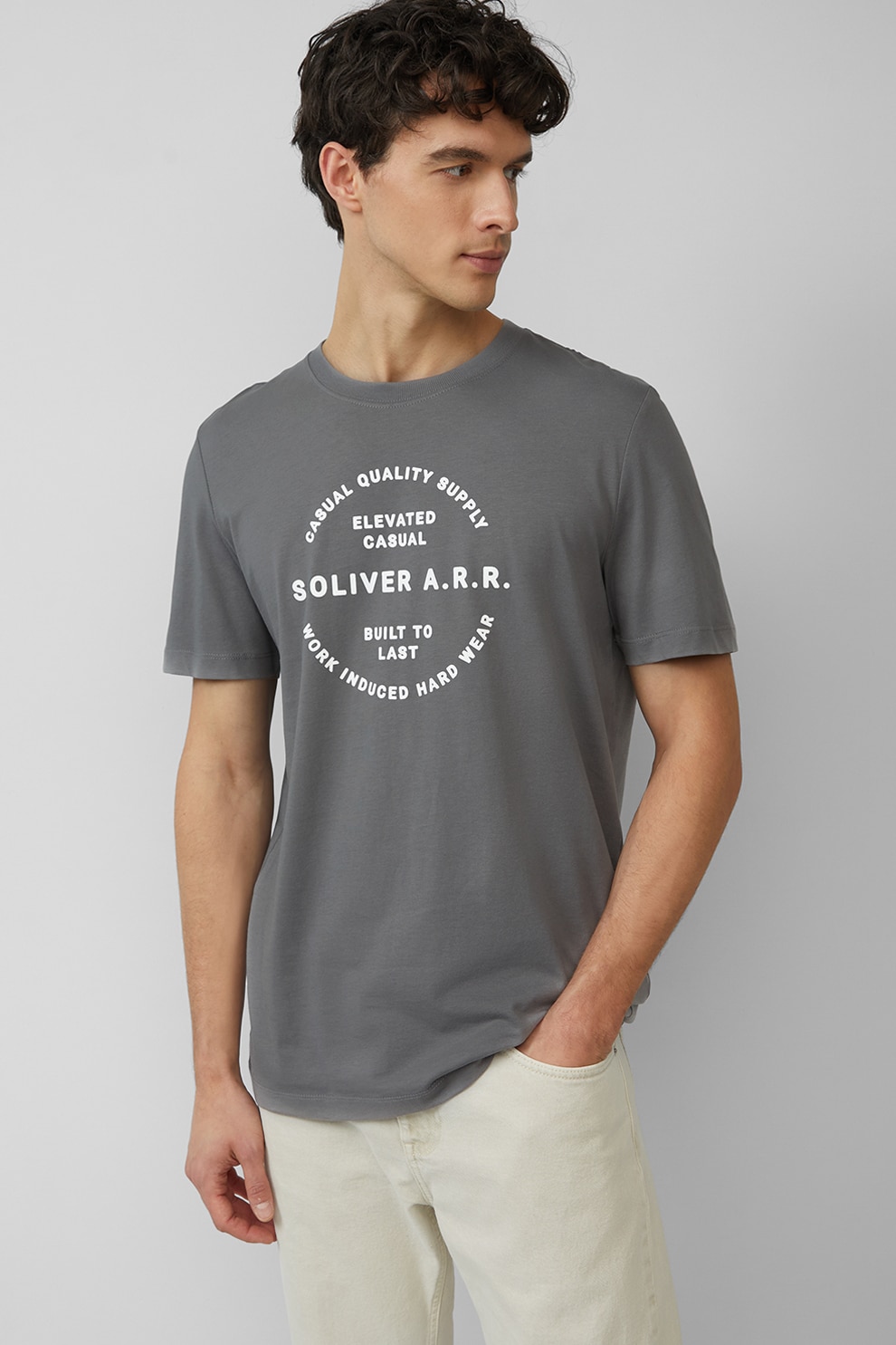 s.Oliver, Tricou cu decolteu la baza gatului si imprimeu text, Alb, Gri inchis, L