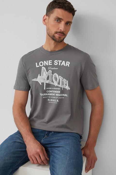 s.Oliver Tricou barbati cu decolteu la baza gatului, imprimeu text, Regular fit, Alb/Gri