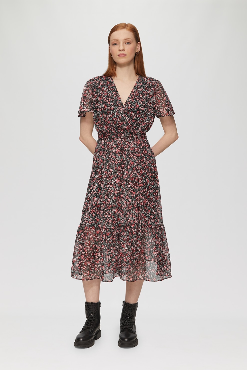 QS, Rochie midi cu imprimeu floral, Negru, Rosu capsuna, Verde menta, 36