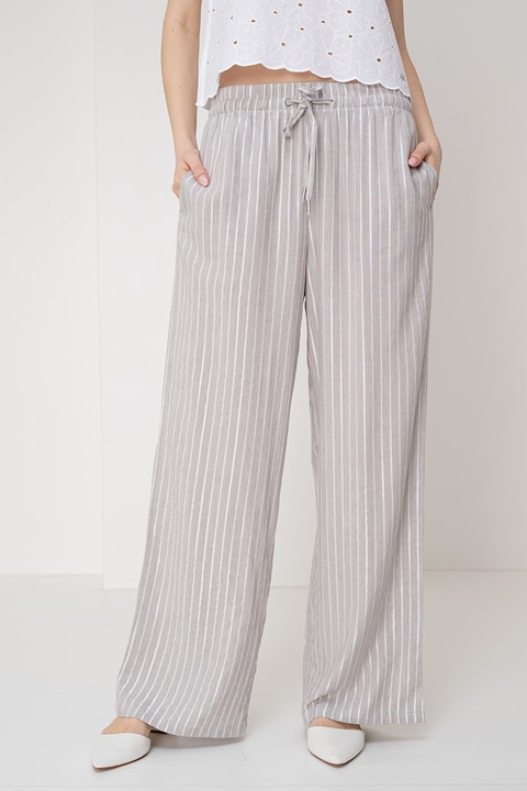 QS, Раиран панталон с лен и широк крачол, Светло кафяво