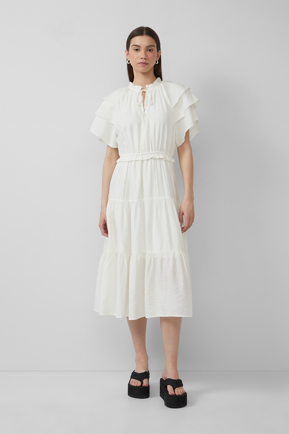 QS, Rochie midi cu croiala in A si volane, Alb fildes, 34