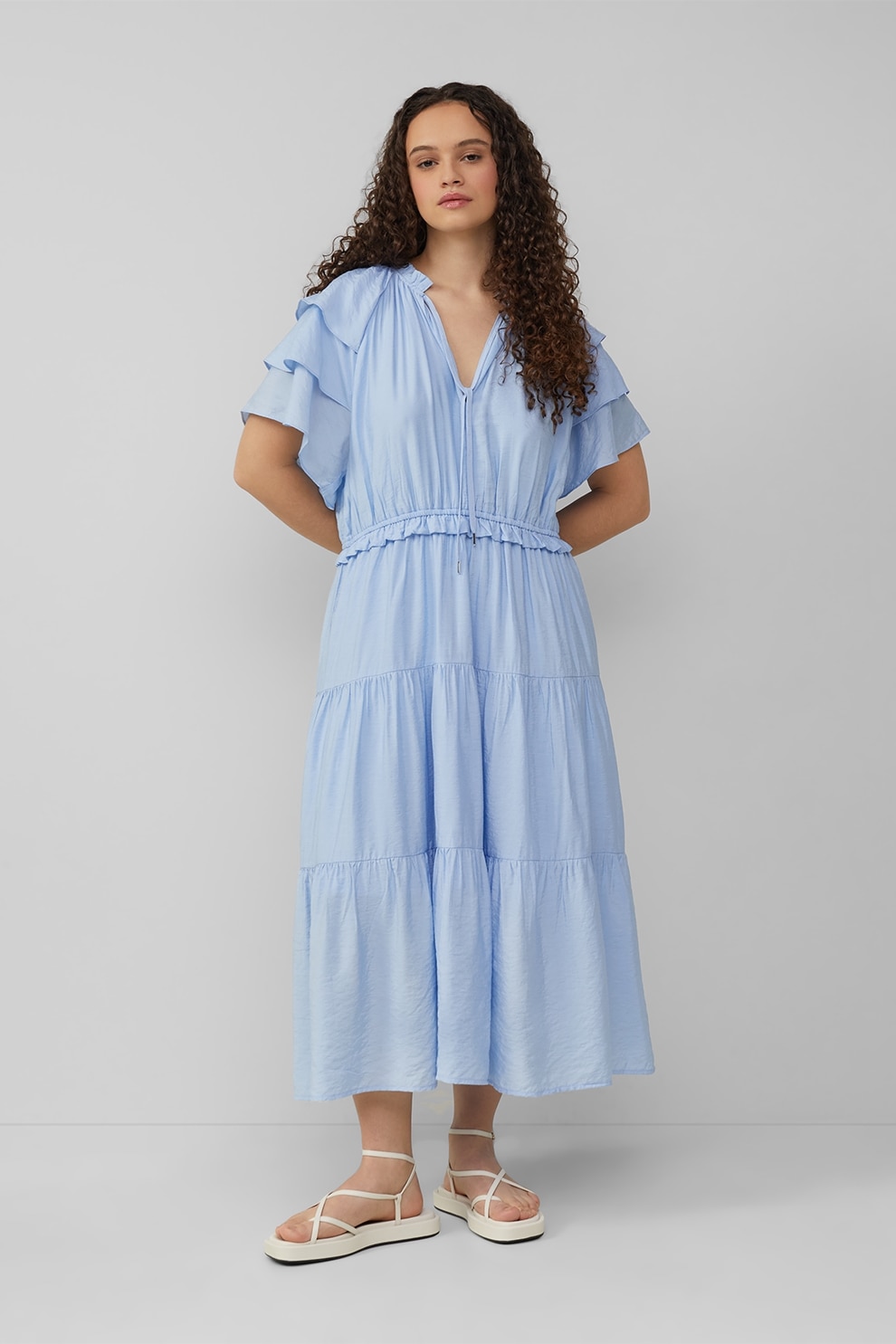 QS, Rochie midi cu croiala in A si volane, Albastru pastel, 34
