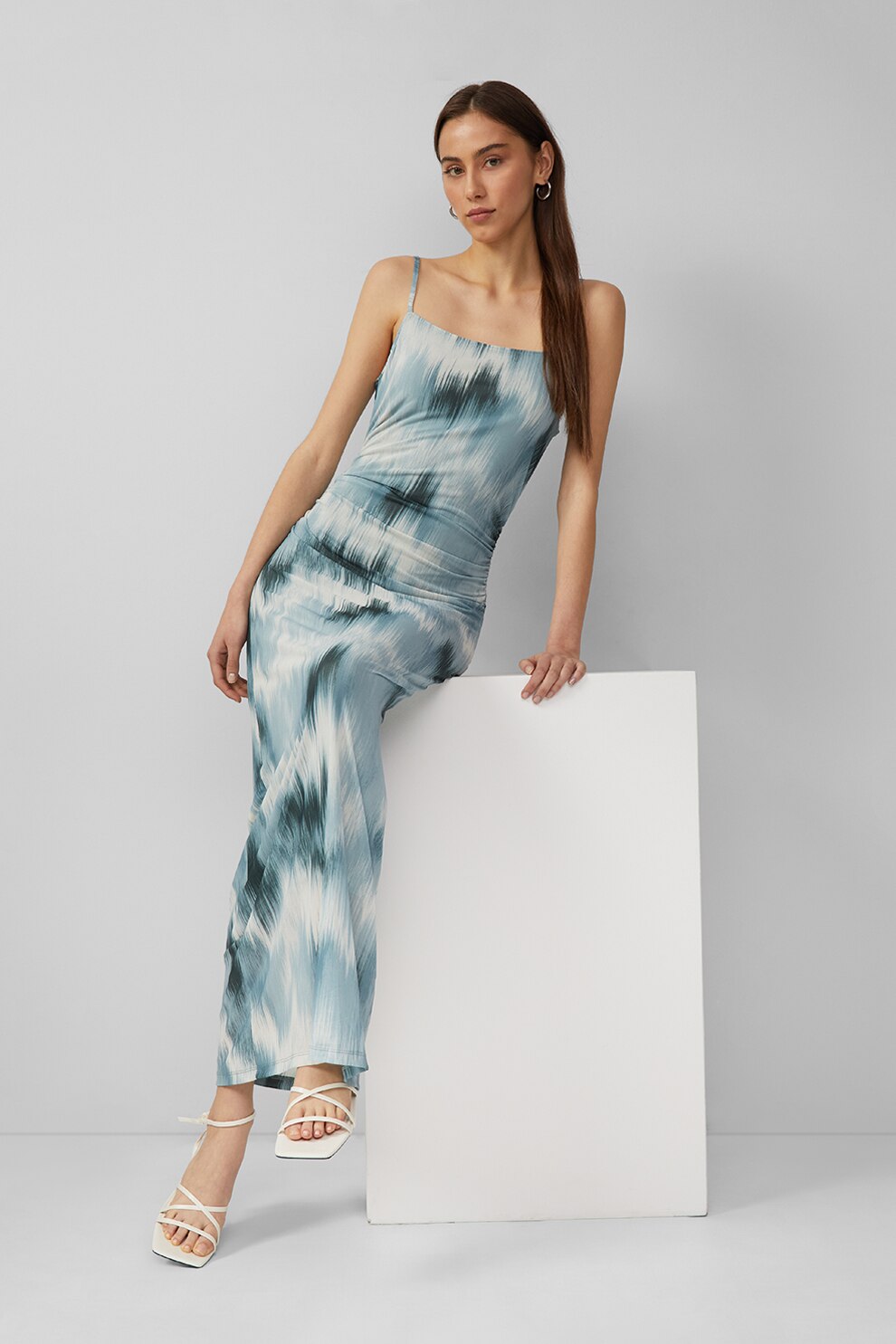 QS, Rochie lunga cu imprimeu, Alb, Albastru, S