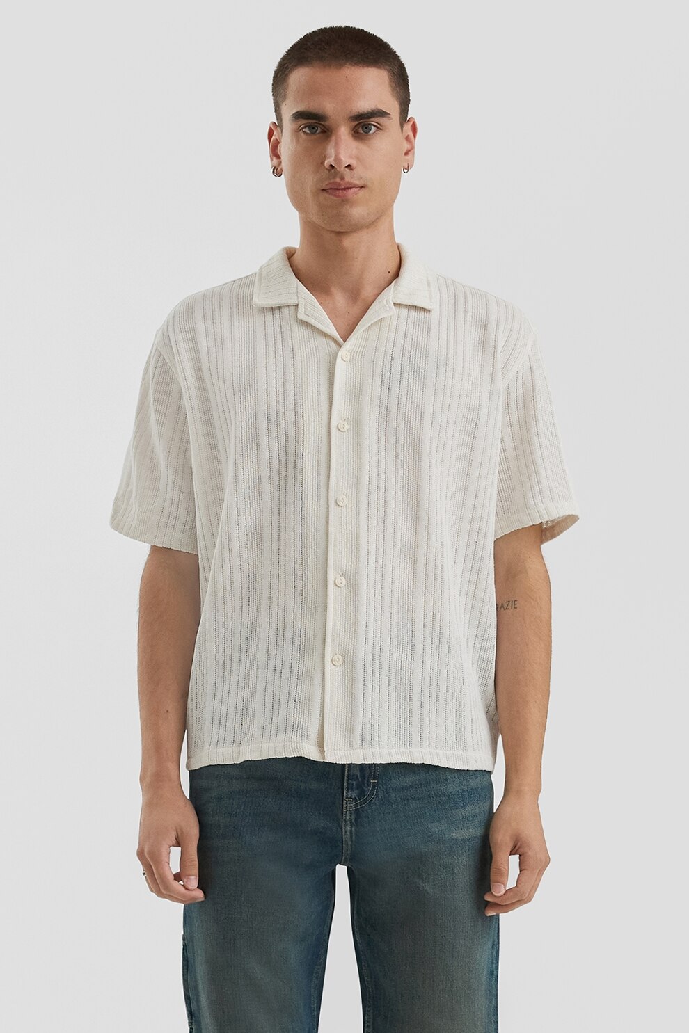 QS, Camasa uni cu revere decupate, Alb murdar, L