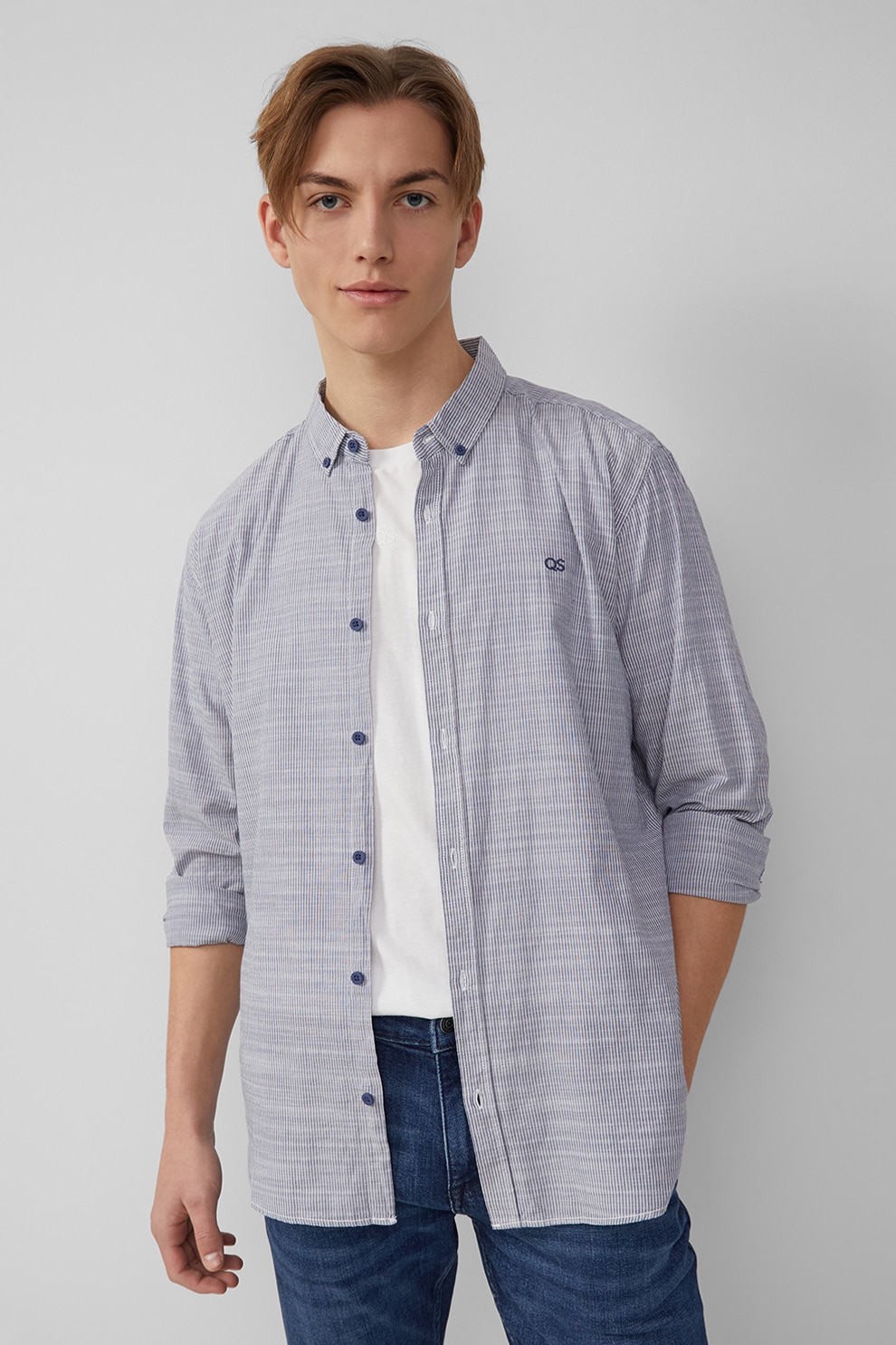 QS, Camasa de bumbac cu guler fixat cu nasturi, Alb, Indigo, M