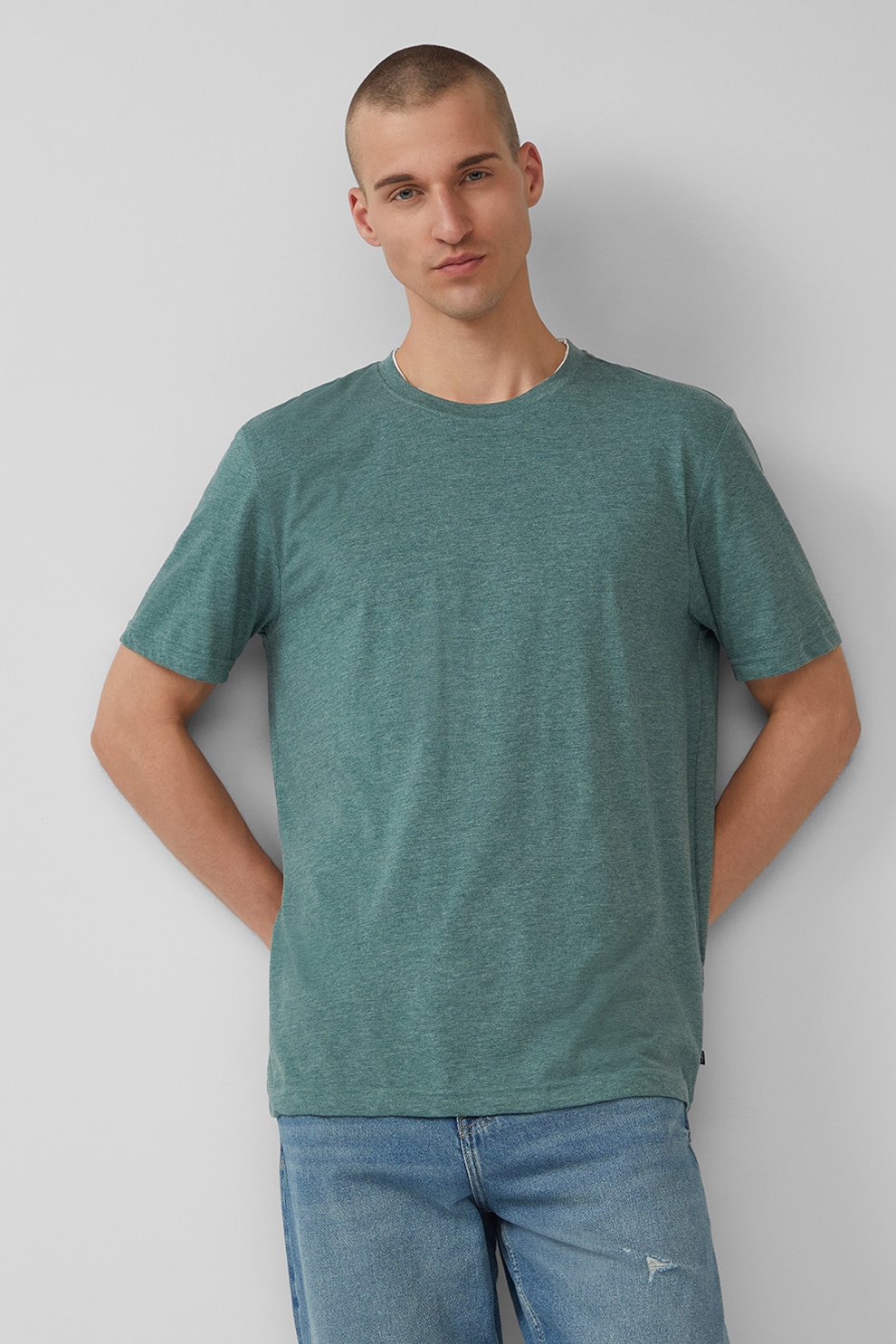 QS, Tricou din amestec de bumbac cu decolteu la baza gatului, Verde, M