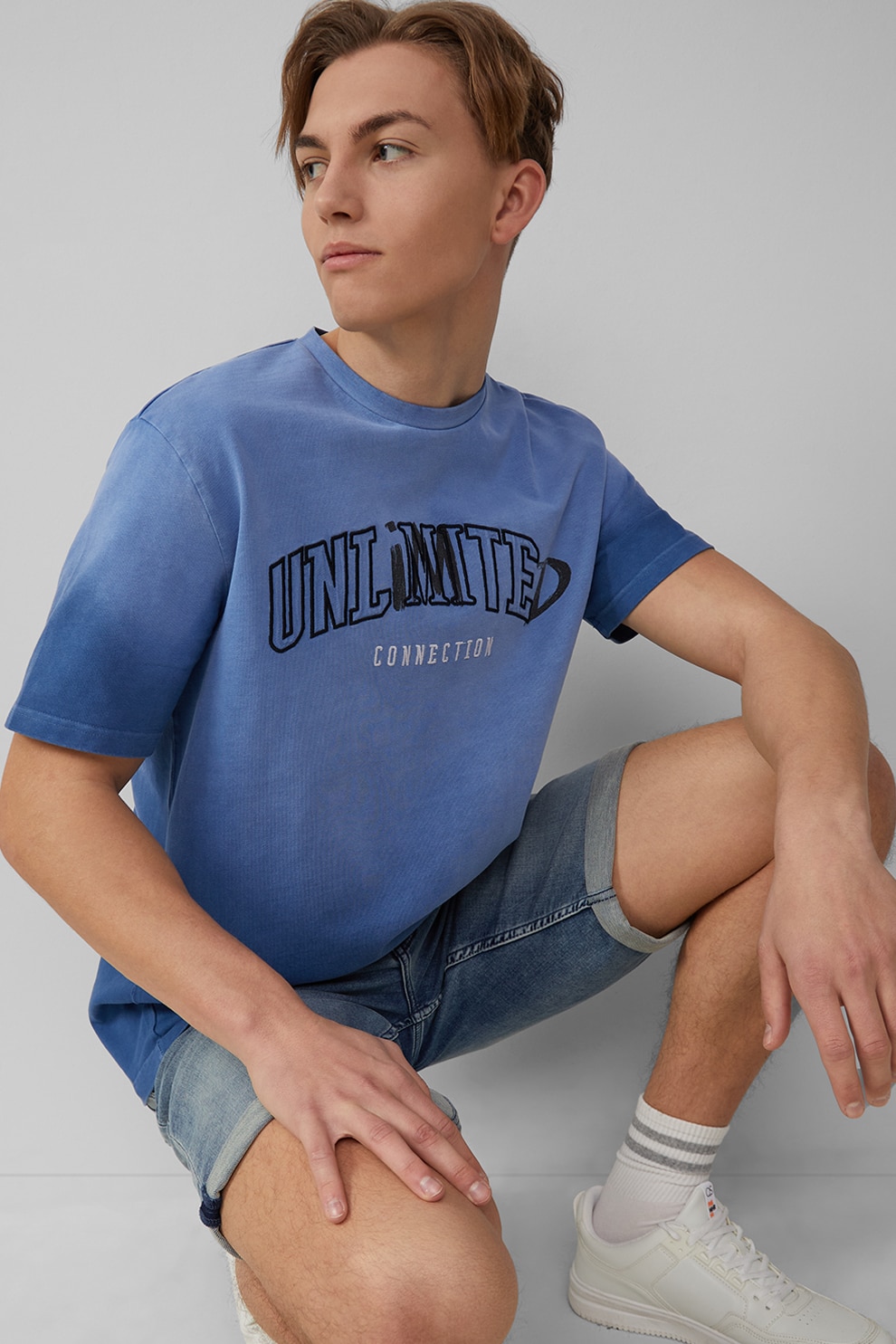 QS, Tricou de bumbac cu imprimeu text, Indigo, XL