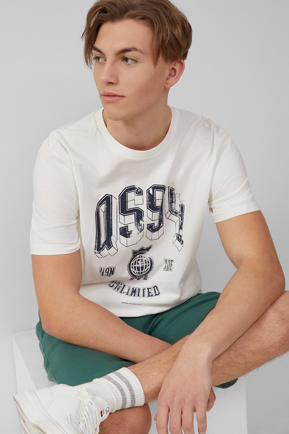 QS, Tricou regular fit cu imprimeu text, Alb murdar, Bleumarin, L
