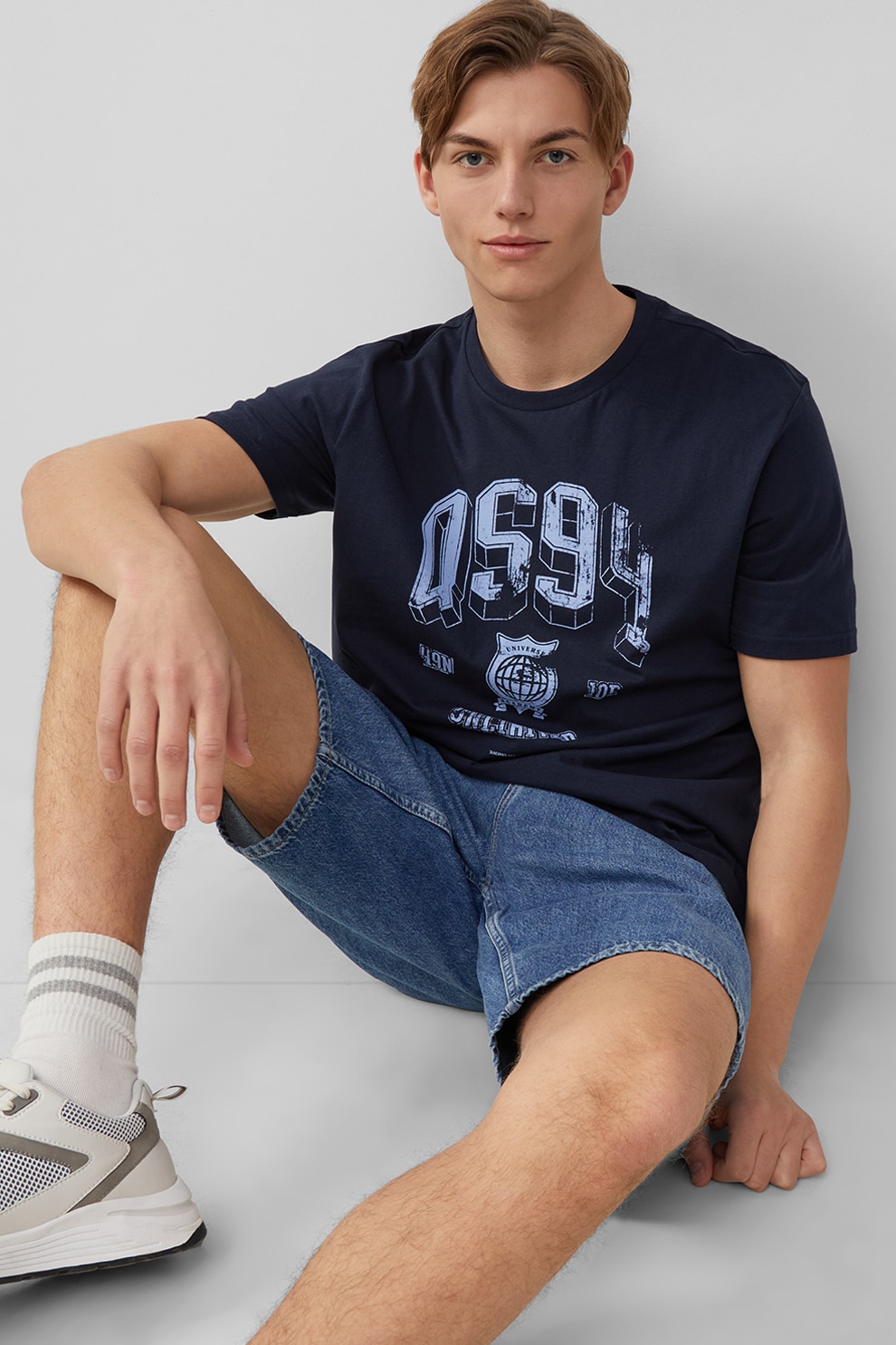 QS, Tricou regular fit cu imprimeu text, Albastru ultramarin, M