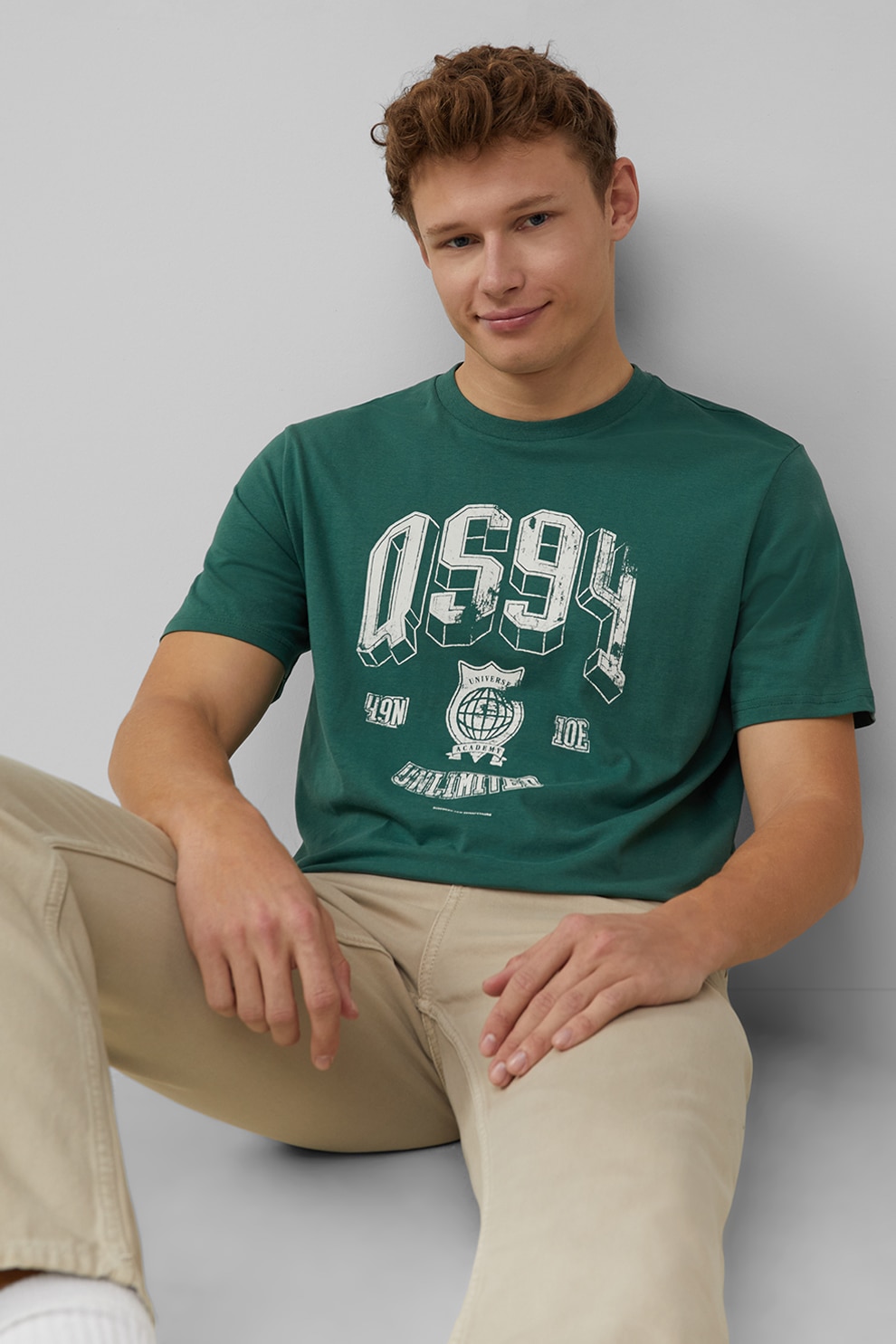 QS, Tricou regular fit cu imprimeu text, Verde englez, S