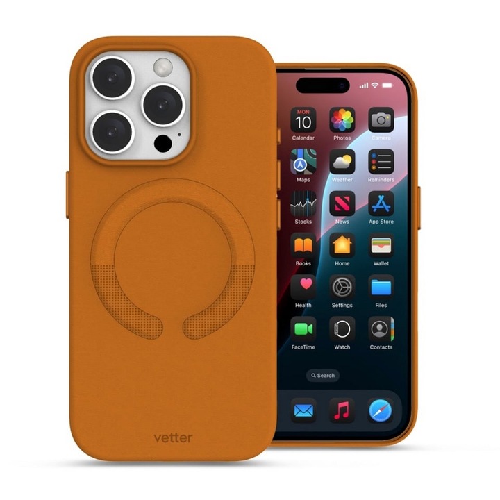 iPhone 16 Pro Max tok, Vetter, Clip-on vegán bőr, MagSafe kompatibilis, aranybarna